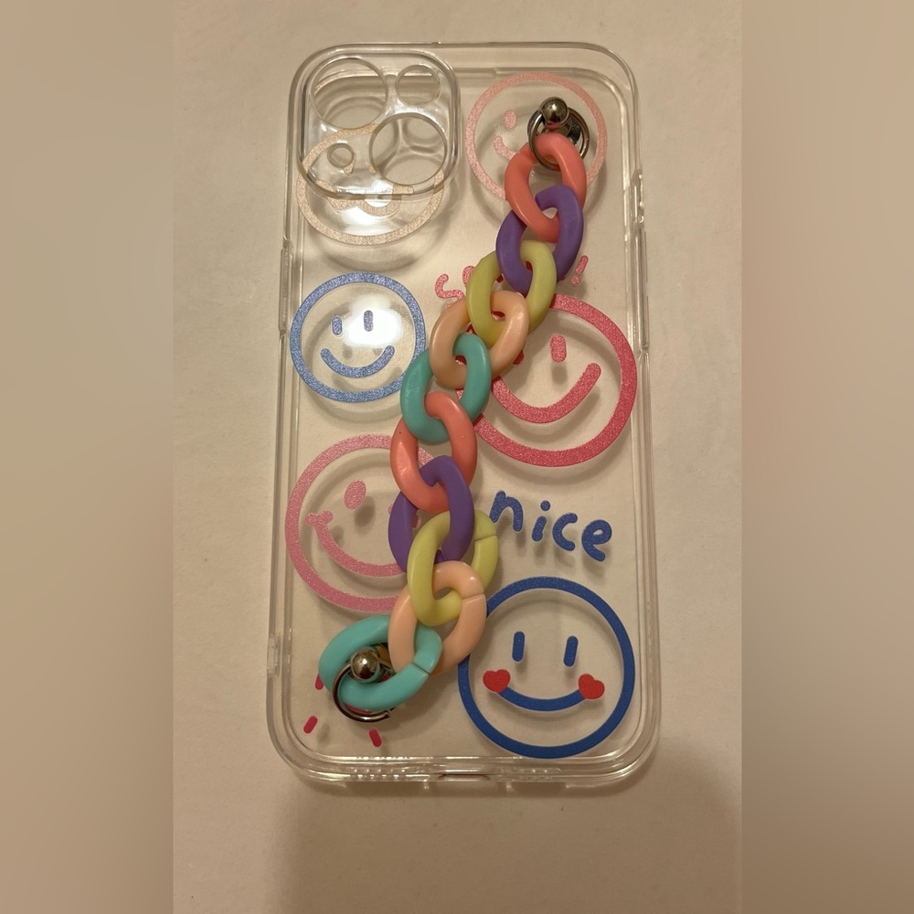 iPhone 13 Clear Colorful Happy Face Designed Handheld Chain Strapped Phone Case - Picture 4 of 5